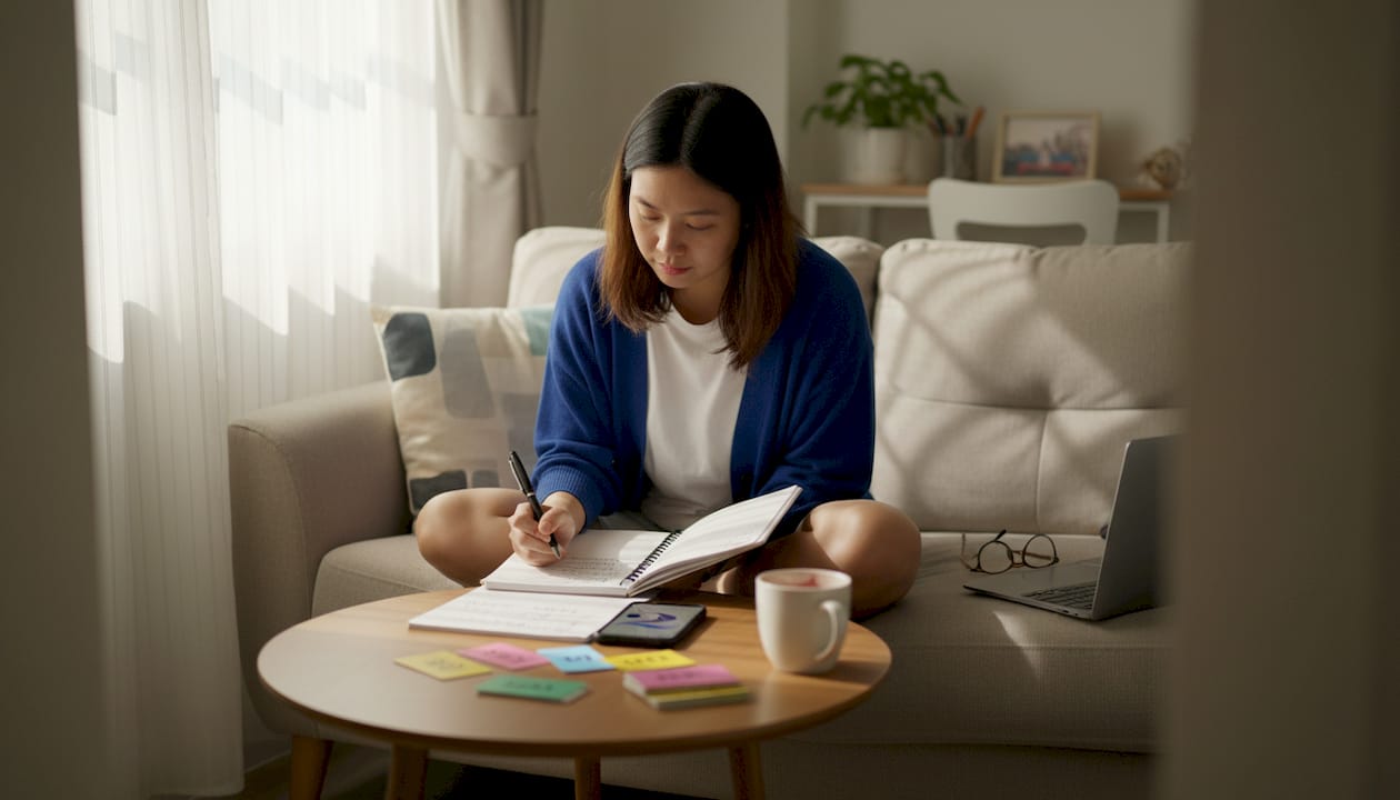 Woman practicing Thai at home on sofa