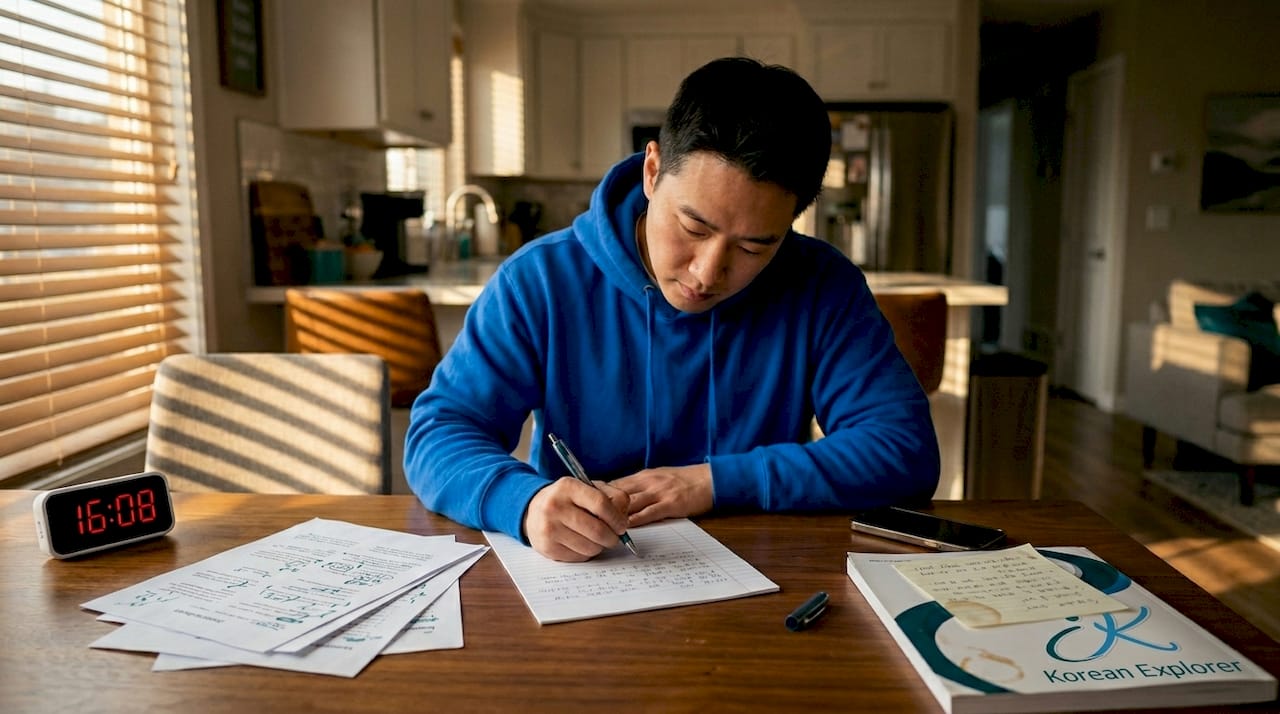 Man practicing Korean writing section at home