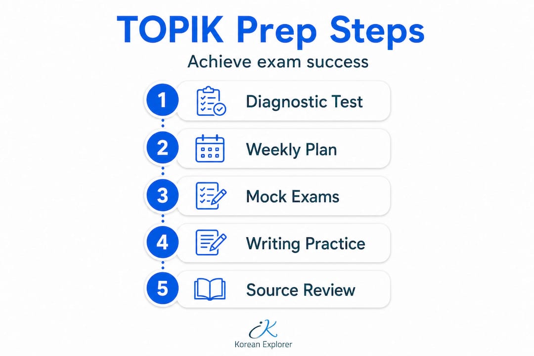 Infographic showing TOPIK prep steps vertical flow