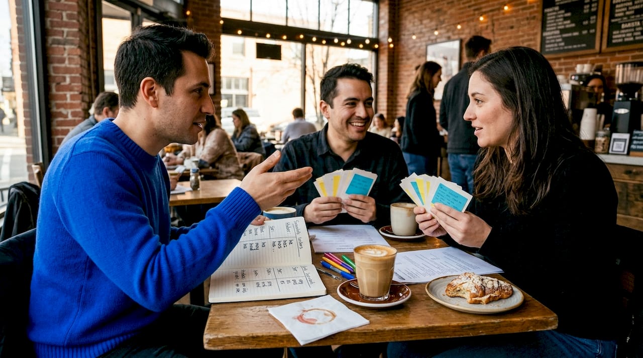 Adults practicing Spanish conversation in a café
