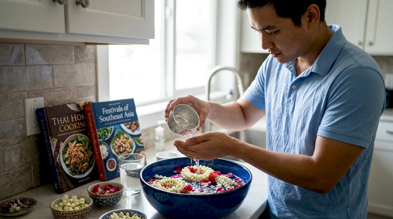 Man practicing Thai festival ritual at home