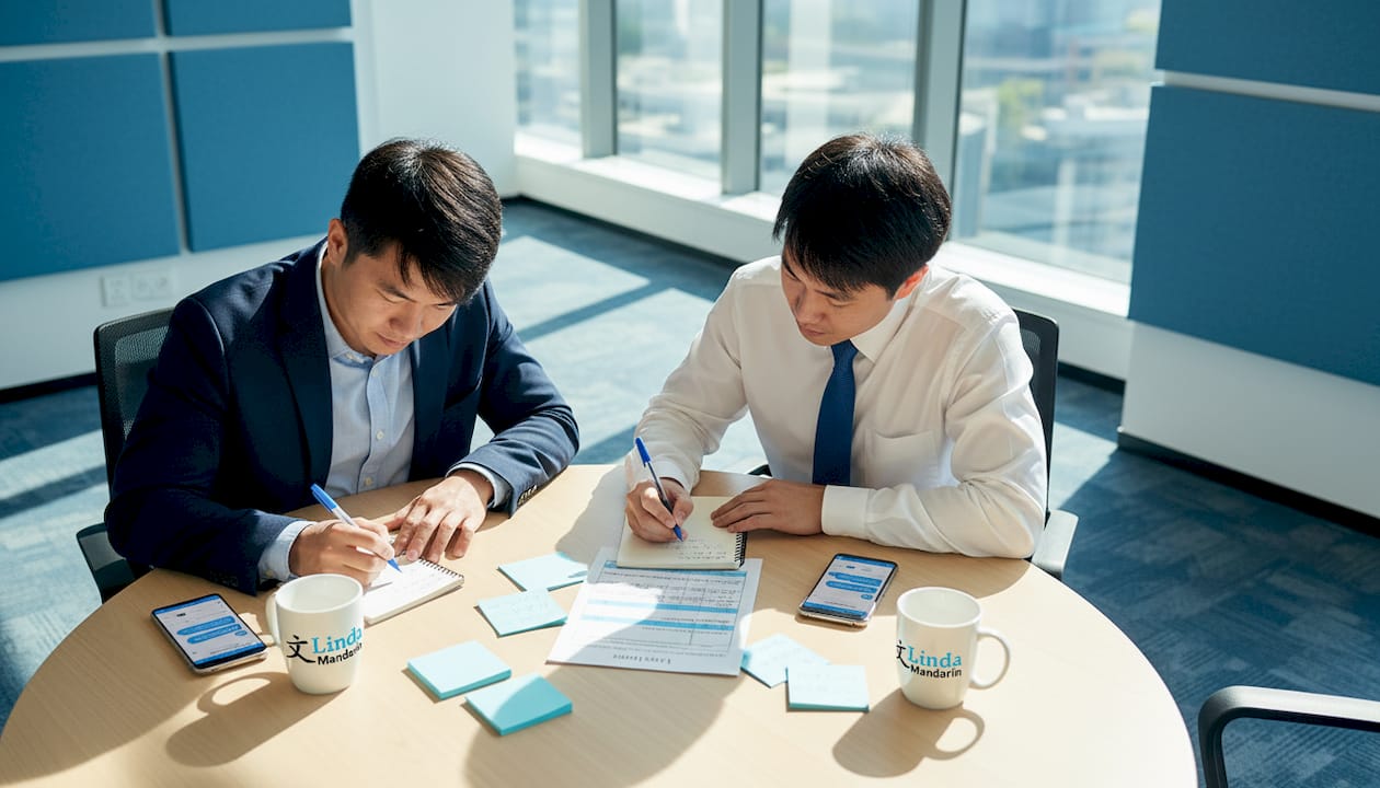 Colleagues collaborating in Mandarin negotiation