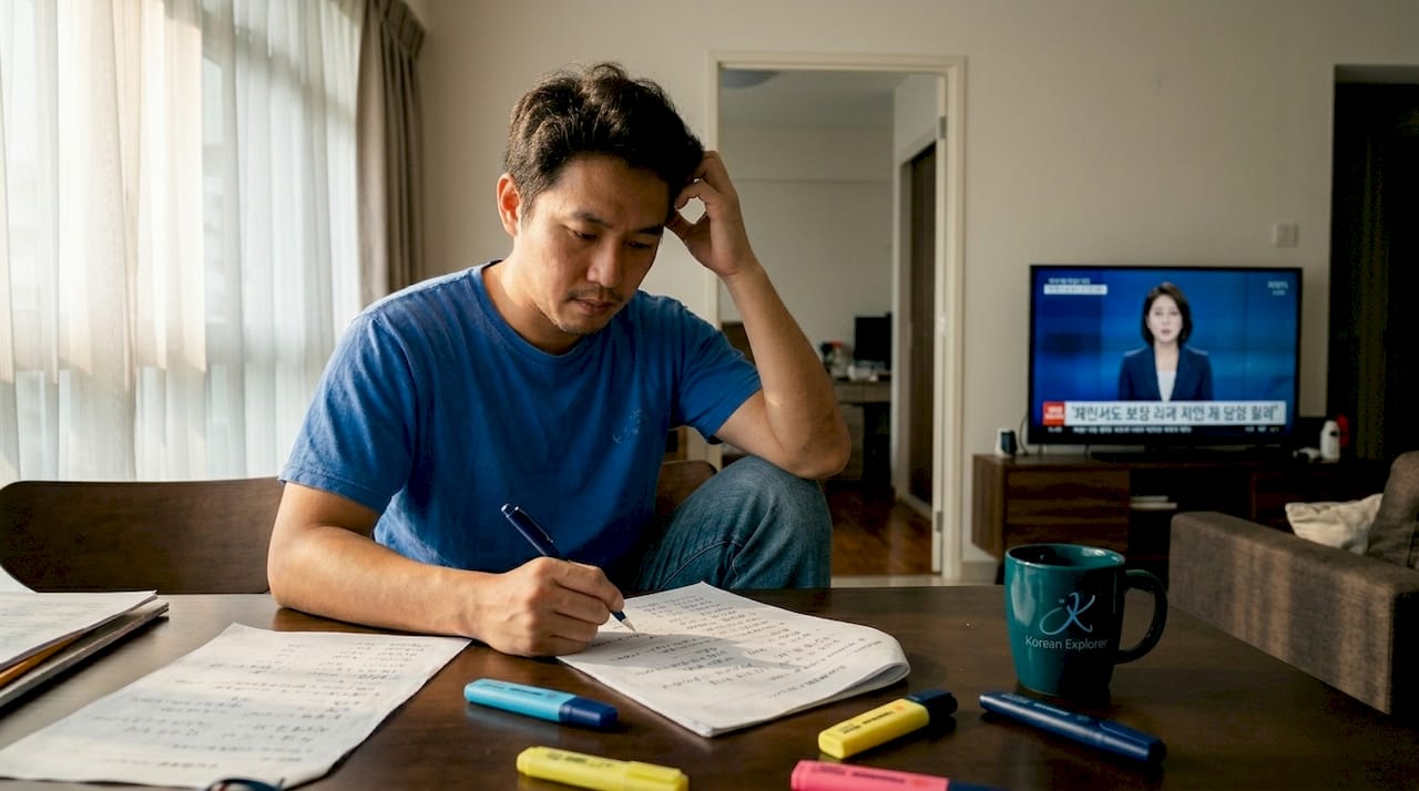 Man tackling Korean grammar at home