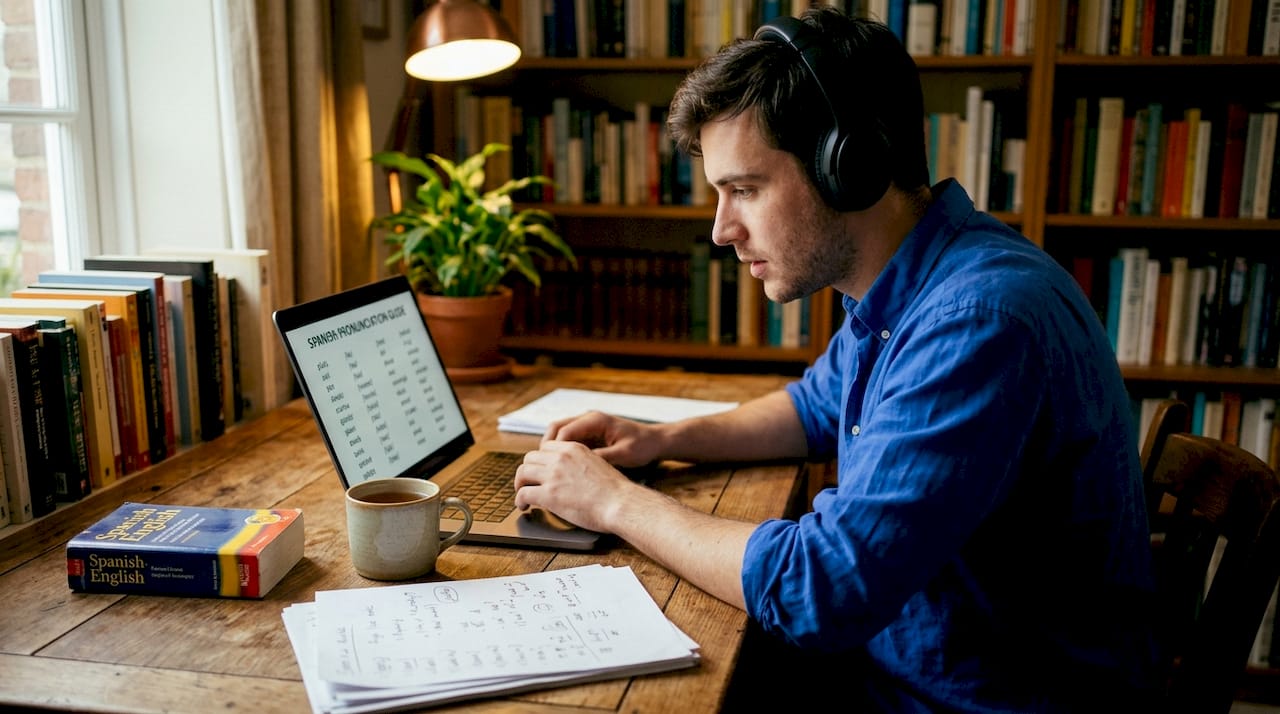 Man practicing Spanish pronunciation at library