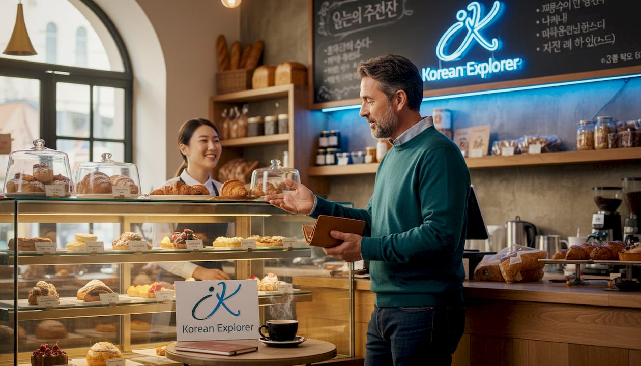 Man politely ordering pastry in Korean