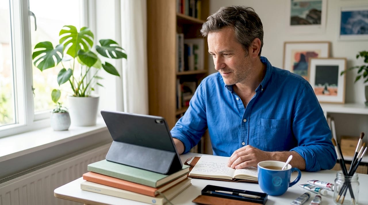 Man balancing online class in living room