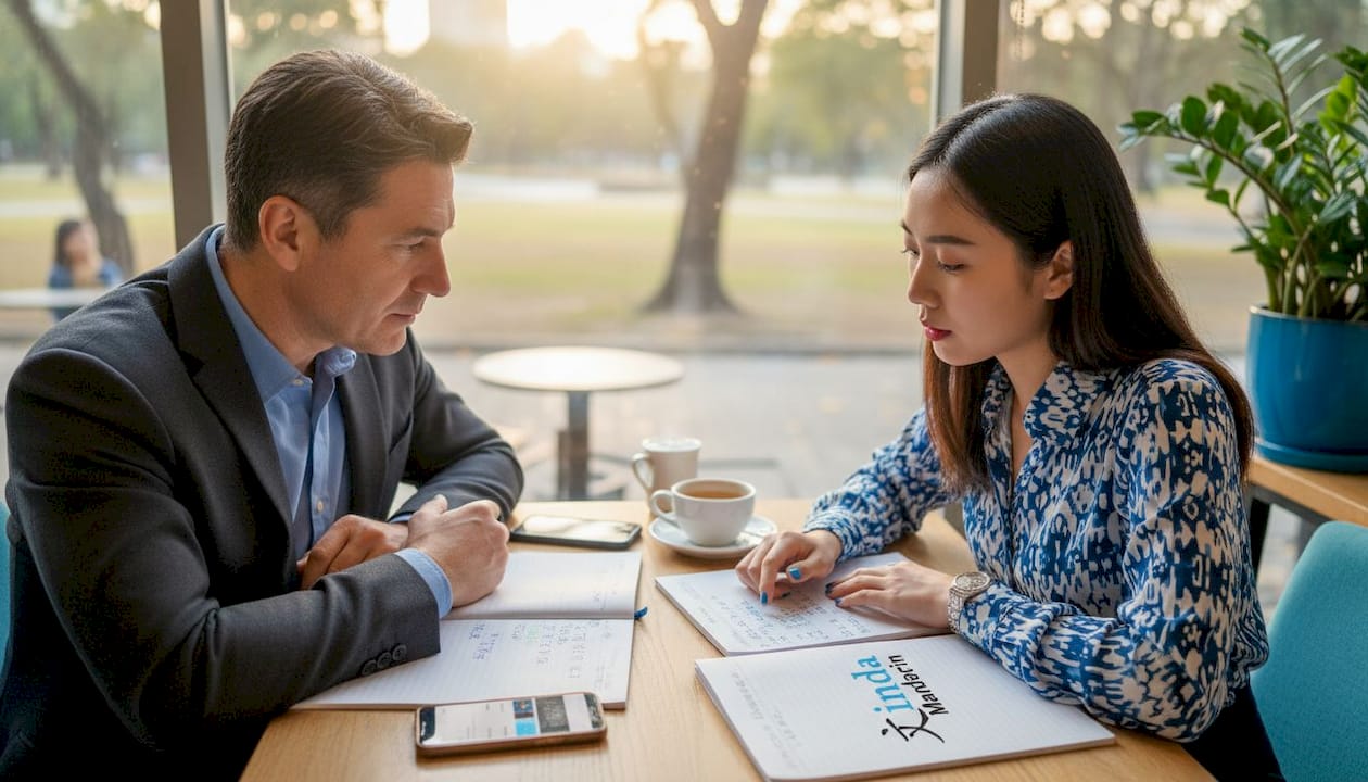 Two professionals discussing business Mandarin in café