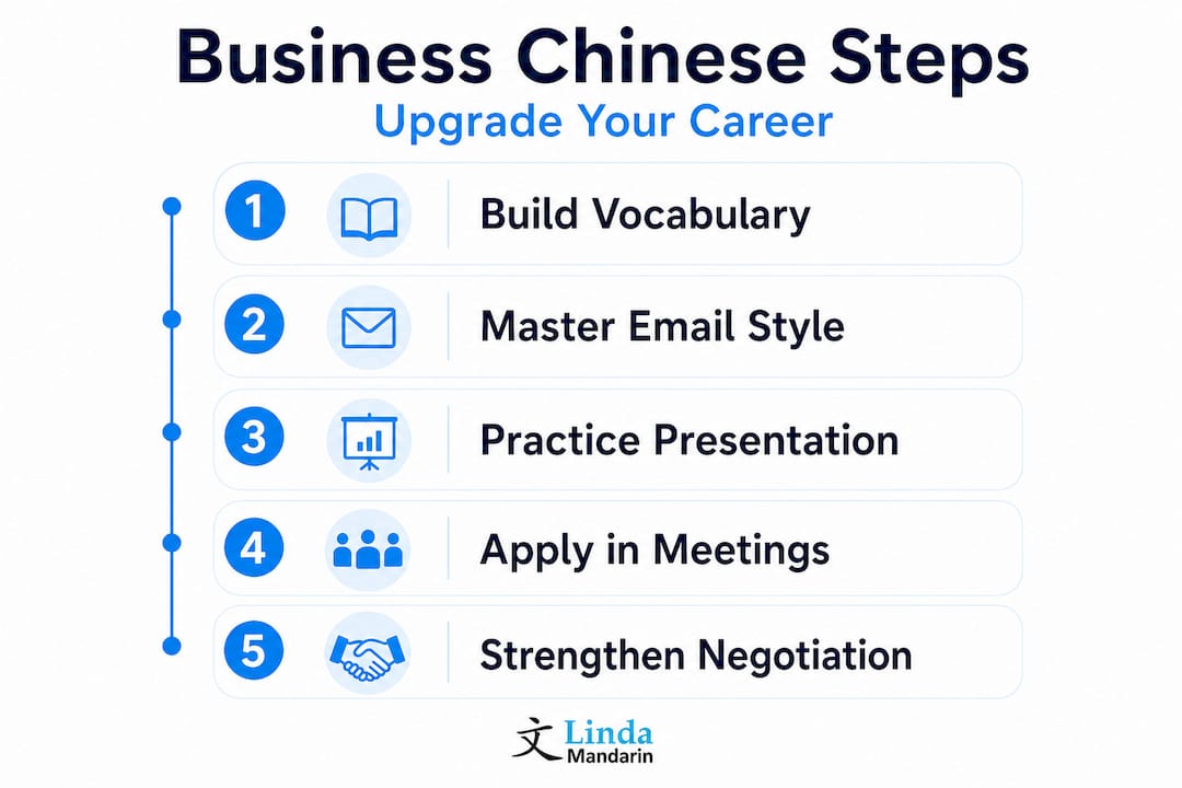 Infographic with steps for learning business Chinese skills