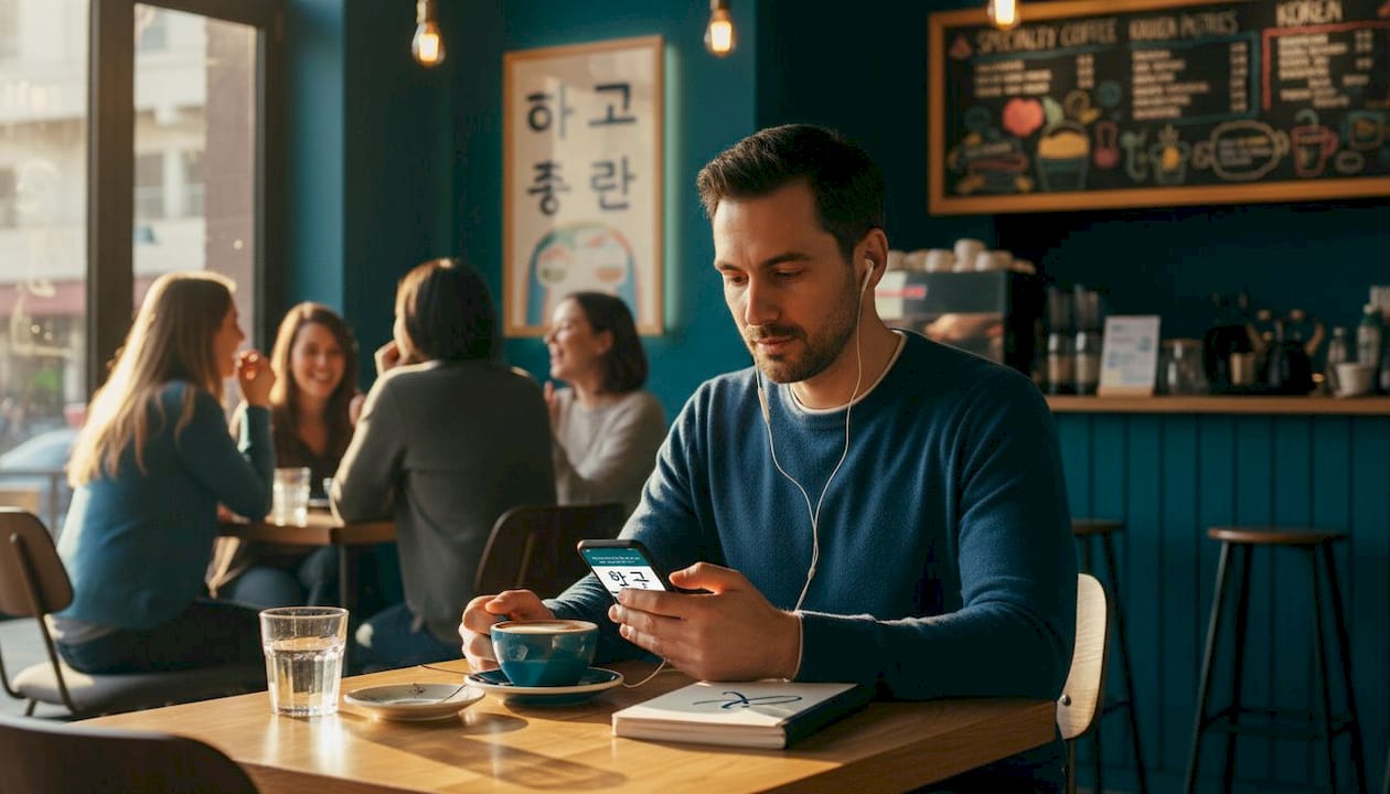 Man practicing Korean on phone in café