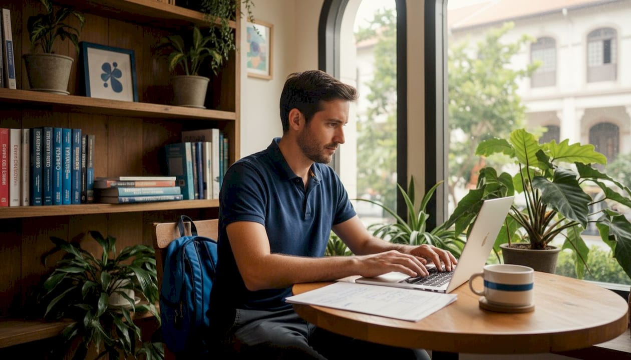 Student studying Spanish in school lounge