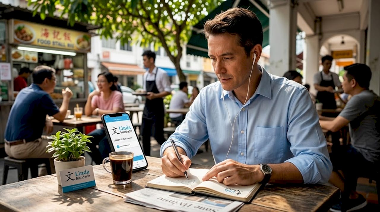 Man studying Mandarin with audio in café