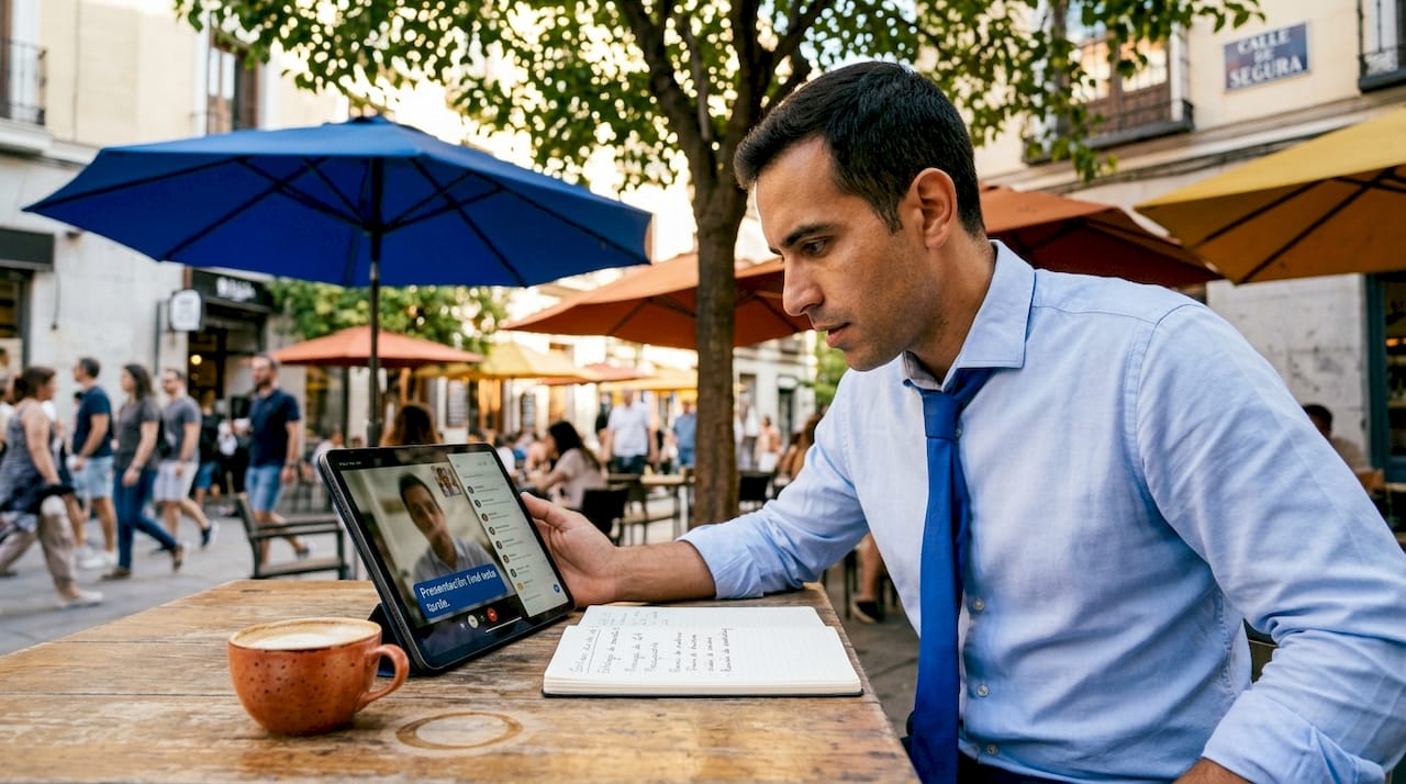 Remote Spanish business call in city cafe