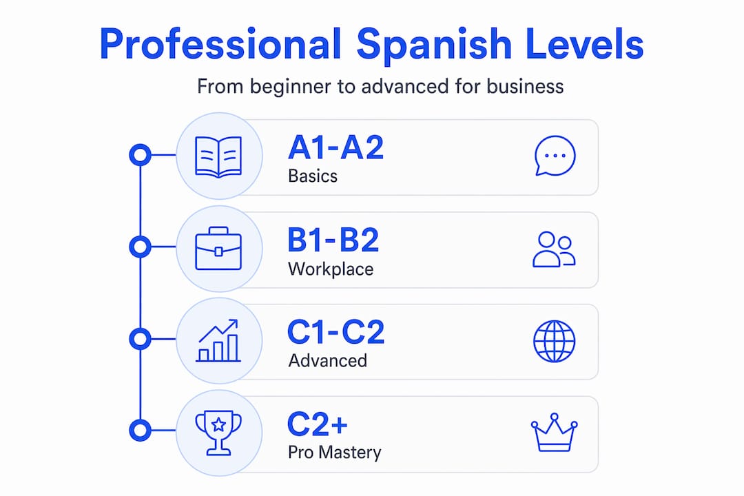 Infographic with four Spanish language proficiency steps