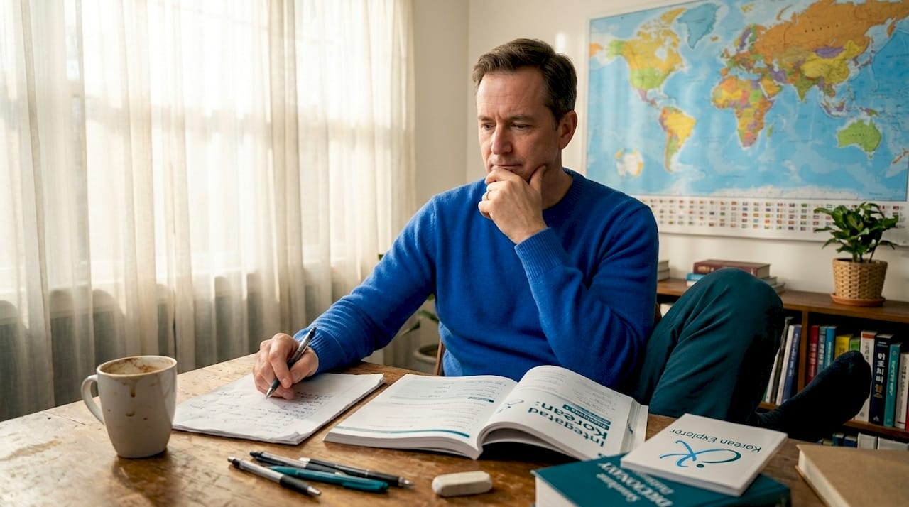 Man pausing to reflect during Korean study