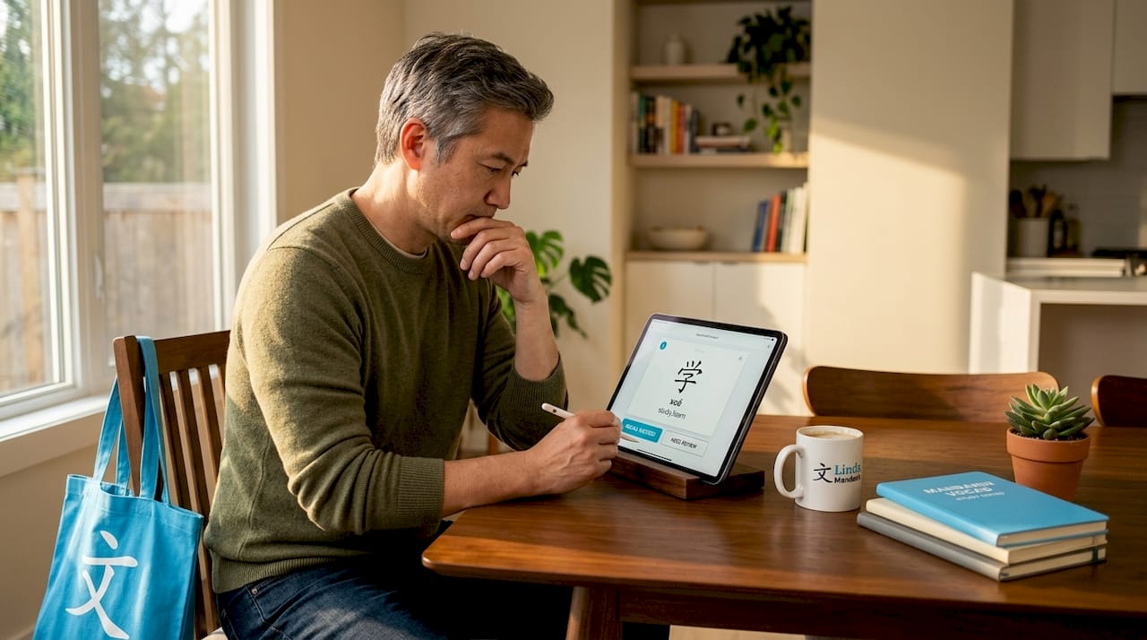 Man studying Mandarin characters on tablet in kitchen