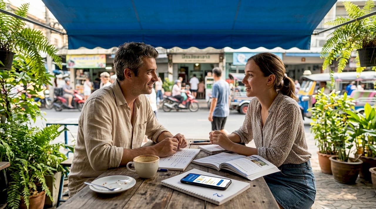 Friends practicing Thai speaking in Singapore café