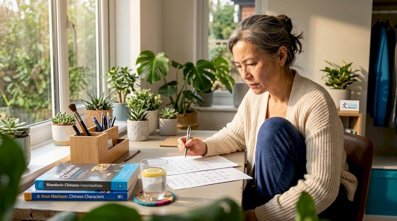 Woman reviewing Chinese handwriting in home office