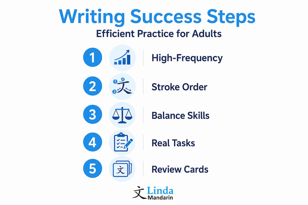 Infographic listing steps for efficient Chinese writing