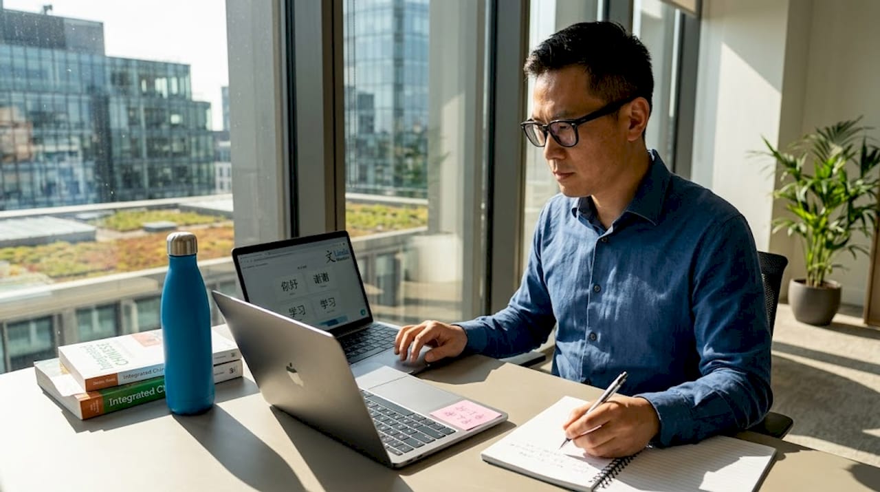 Advanced Mandarin learner practicing in office