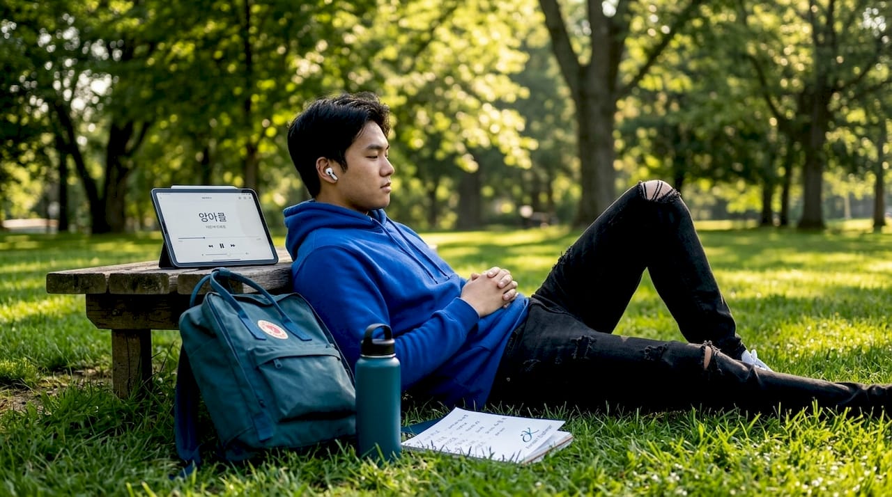 Student studying Korean on bench with earbuds