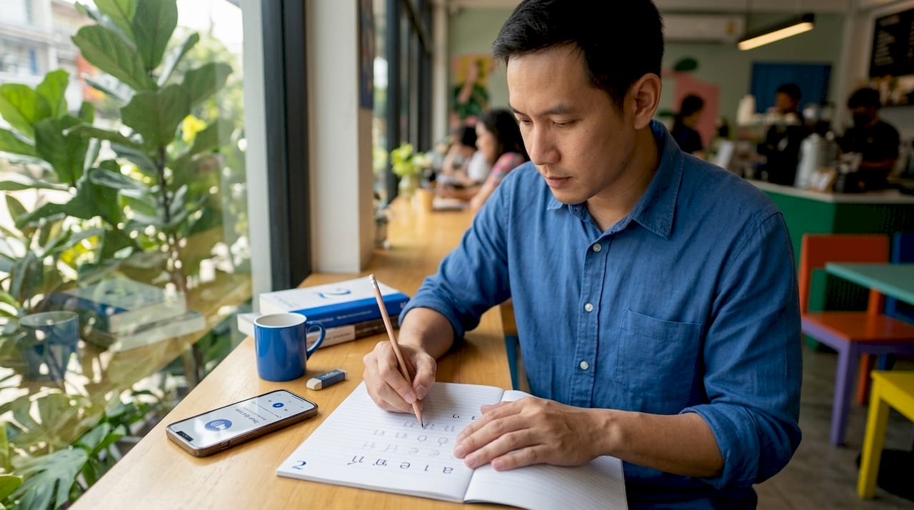Writing Thai vowels on practice paper