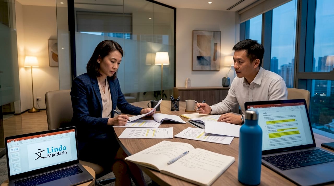 Business professionals negotiating contract in Mandarin