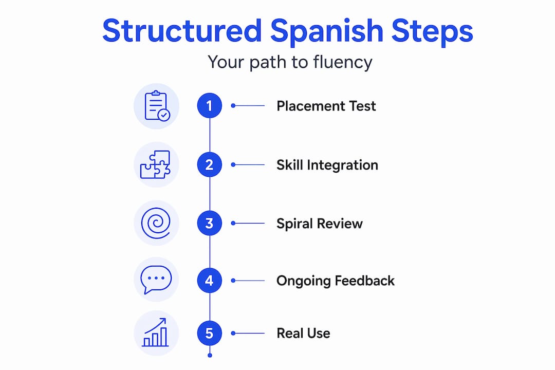 Infographic showing stages of structured Spanish learning