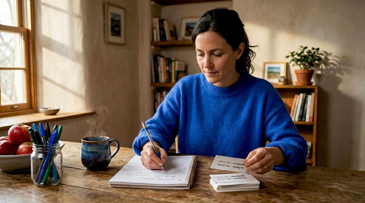 Woman studying Spanish at home with flashcards