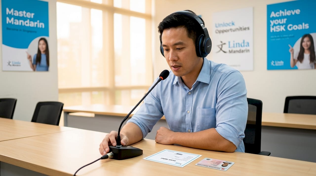 Man taking oral HSK test in language lab