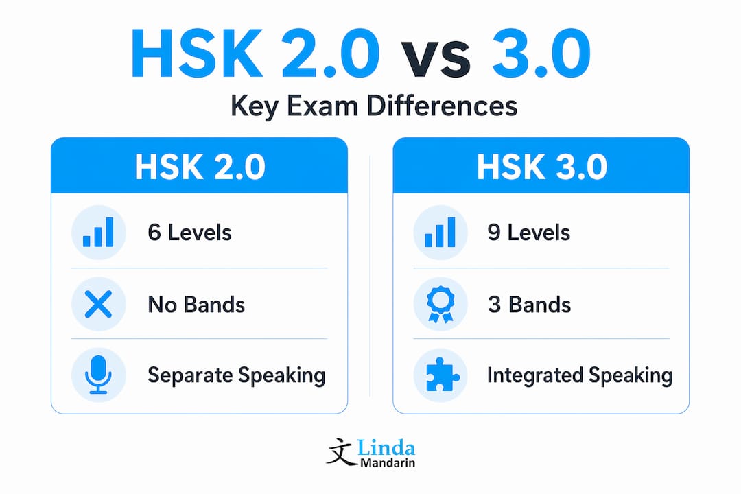 Infographic comparing HSK 2.0 and HSK 3.0 features