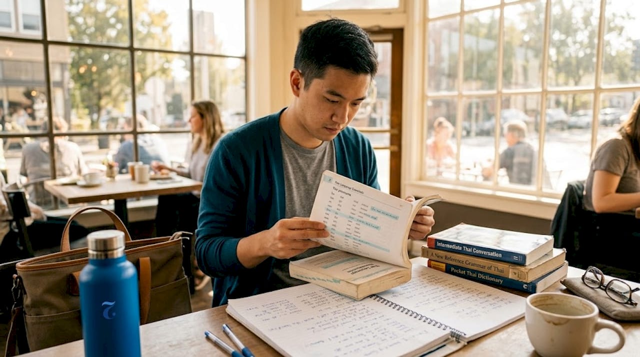 Student reviewing Thai pronouns in library