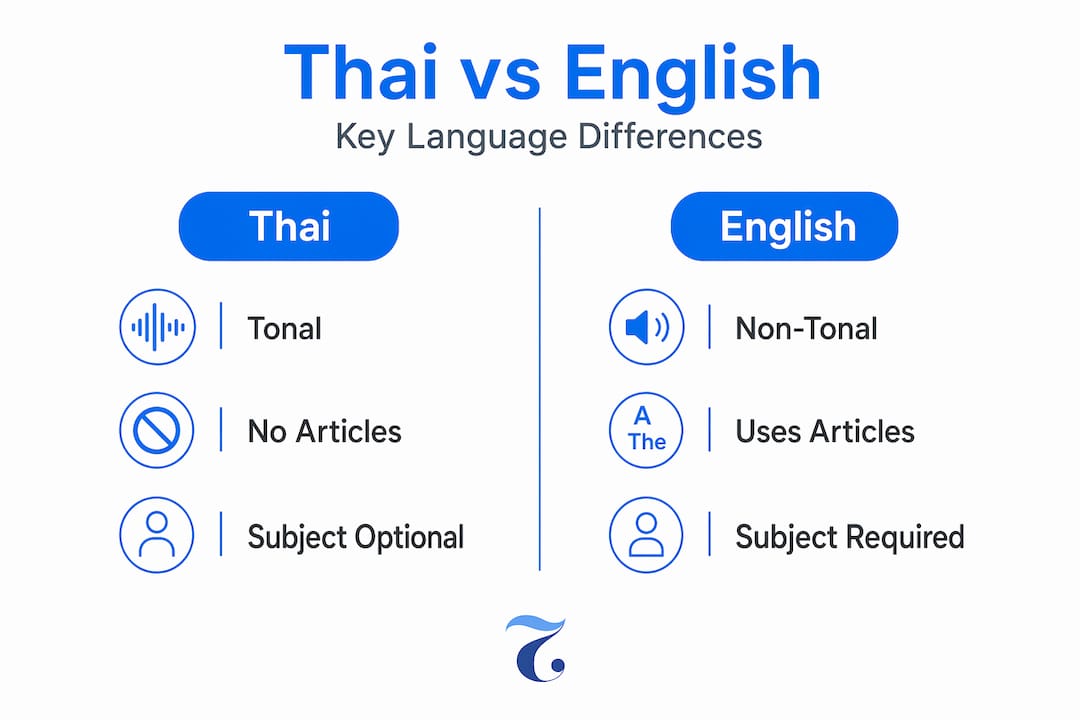 Infographic comparing Thai and English grammar