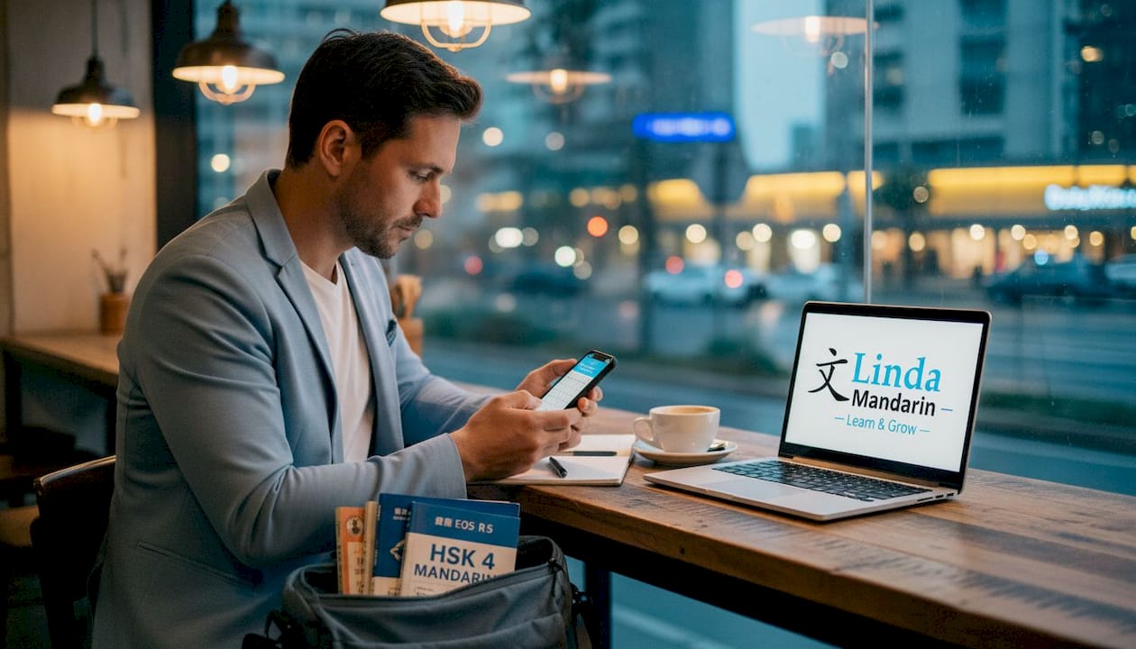 Man updating schedule for Mandarin classes in café