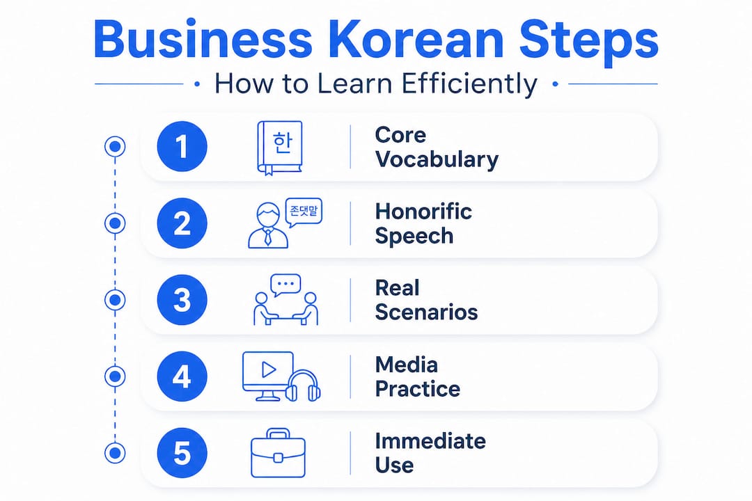 Infographic showing steps to learn business Korean efficiently