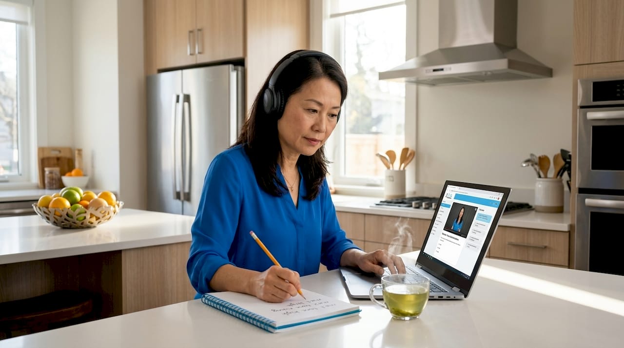 Woman doing Mandarin tone exercises at kitchen table