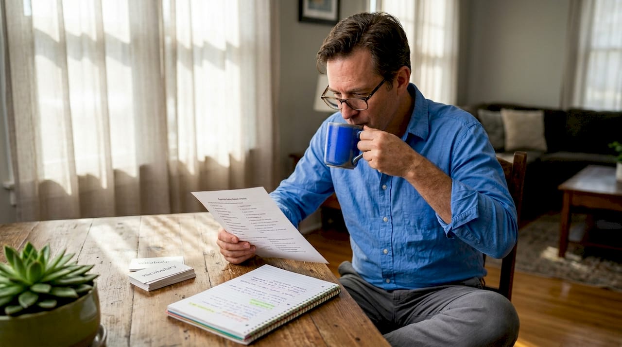 Man calmly studying Spanish at kitchen table