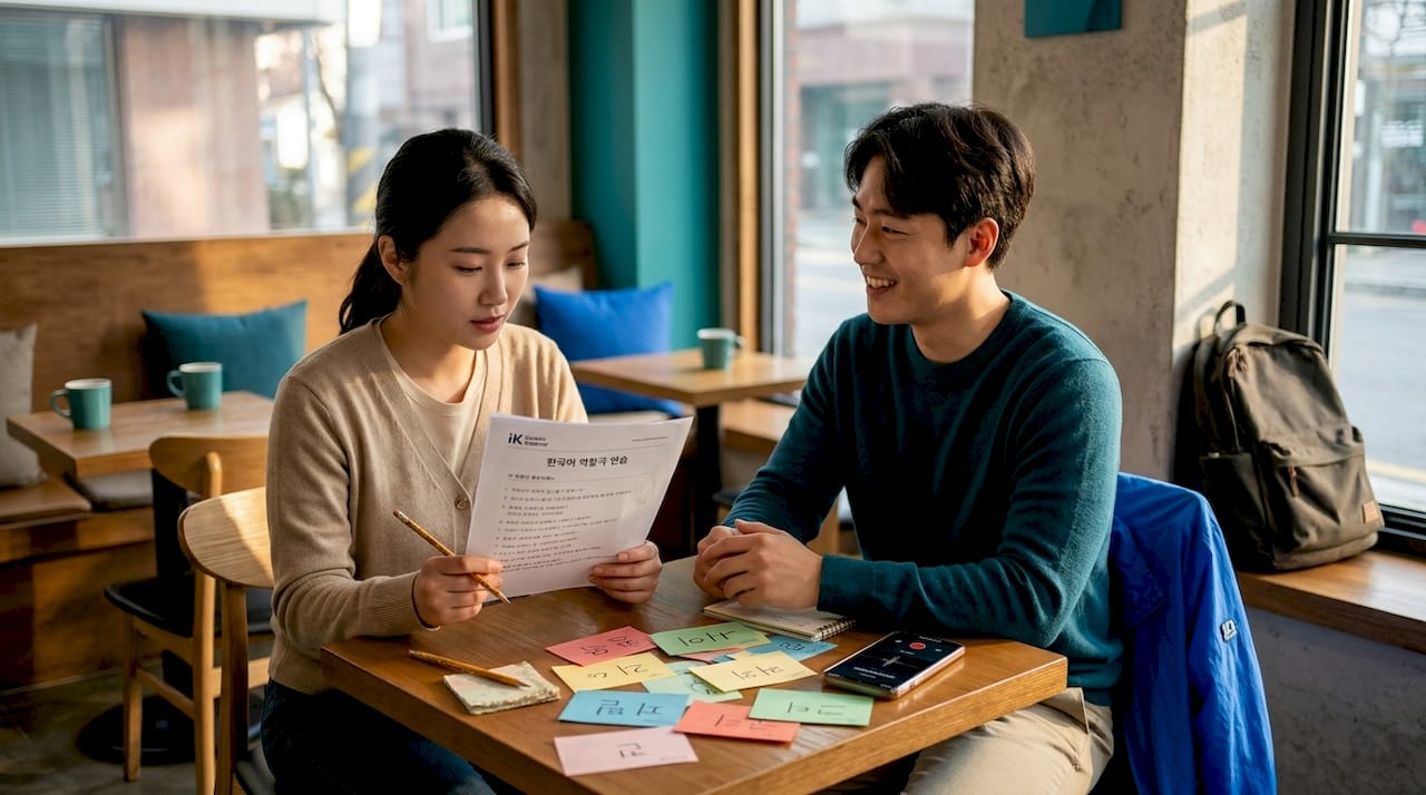 Students practicing Korean dialogue together