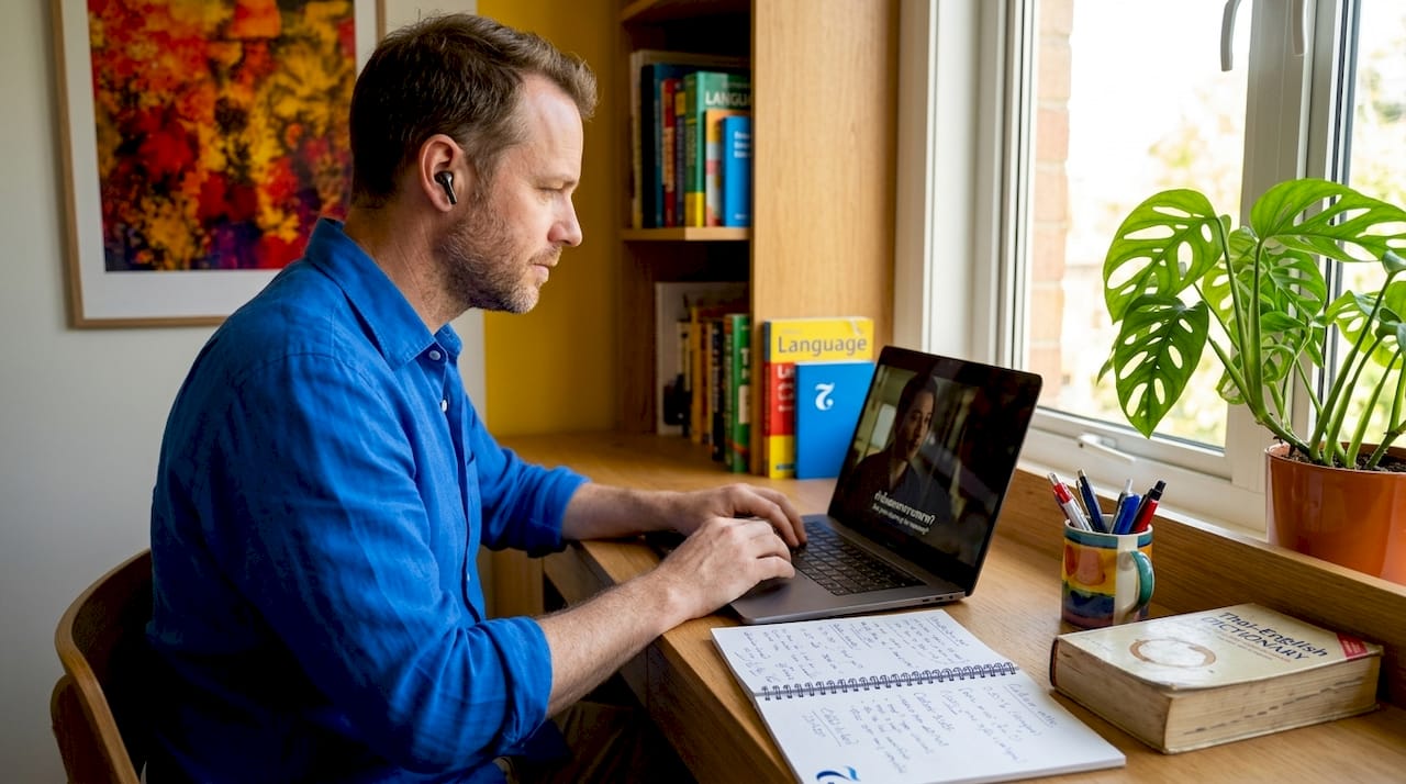 Man studying Thai listening at home office desk