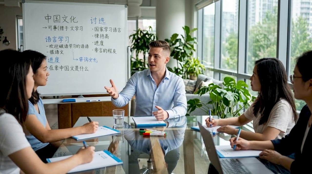 Team in meeting using Mandarin phrases