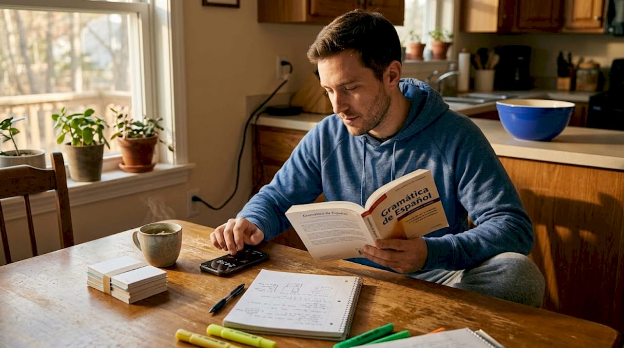 Man balancing Spanish study with timer in living room