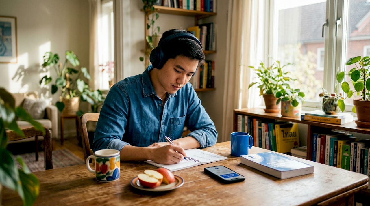 Person studying Thai at home with podcast