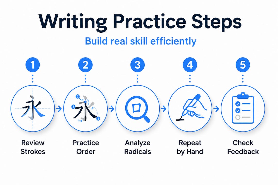 Infographic showing practice steps for Chinese writing