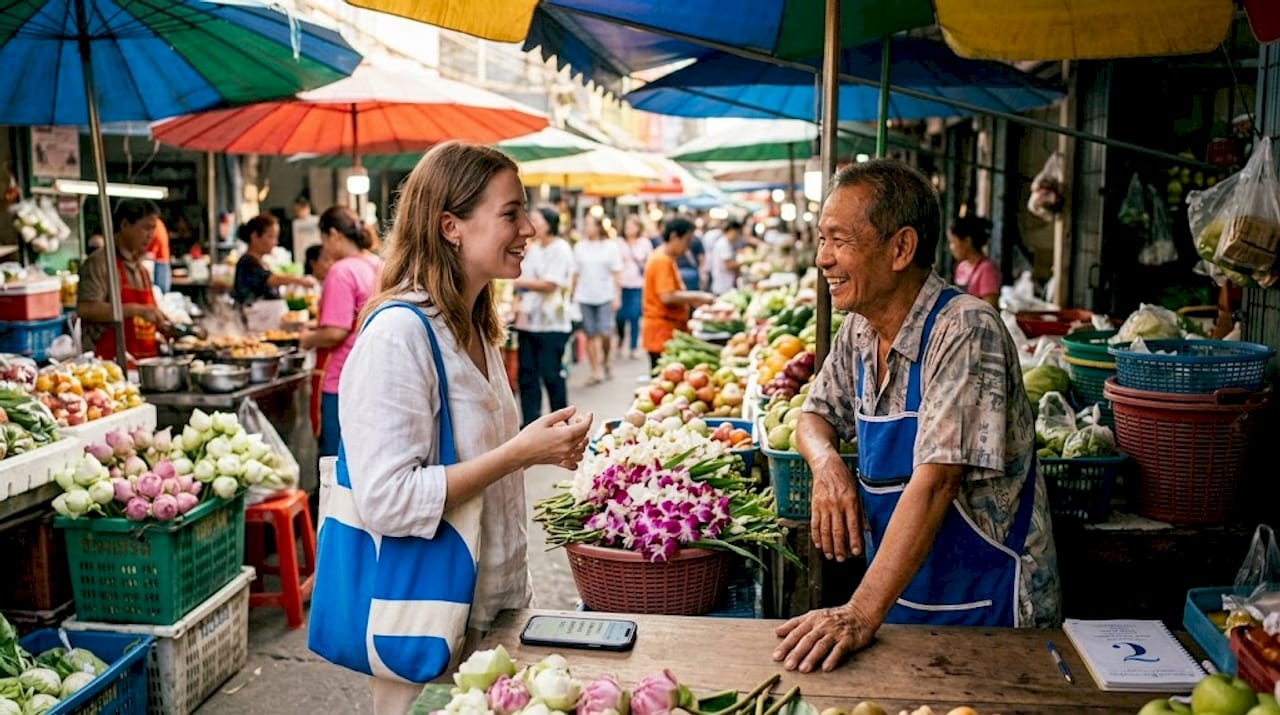 Tourist chatting with Thai vendor at market