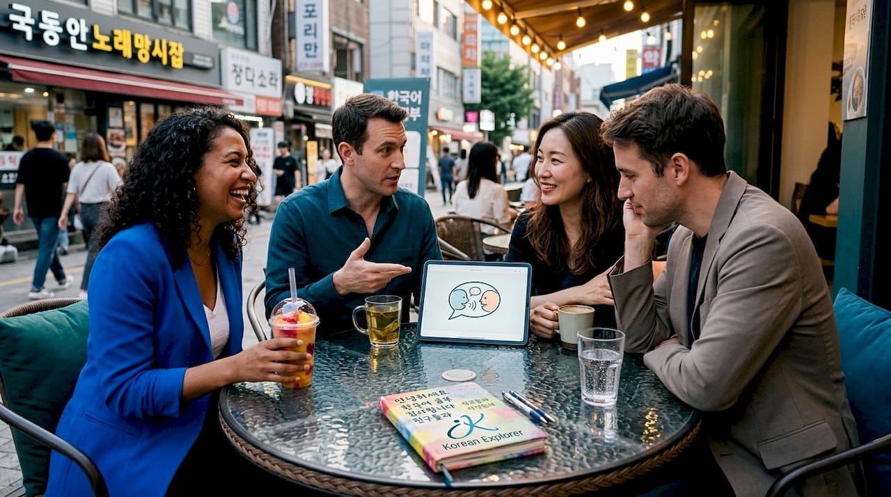 Group exchanging Korean conversation in café