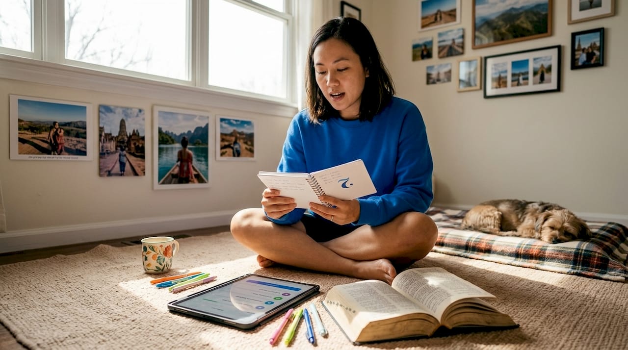 Woman practicing Thai language at home