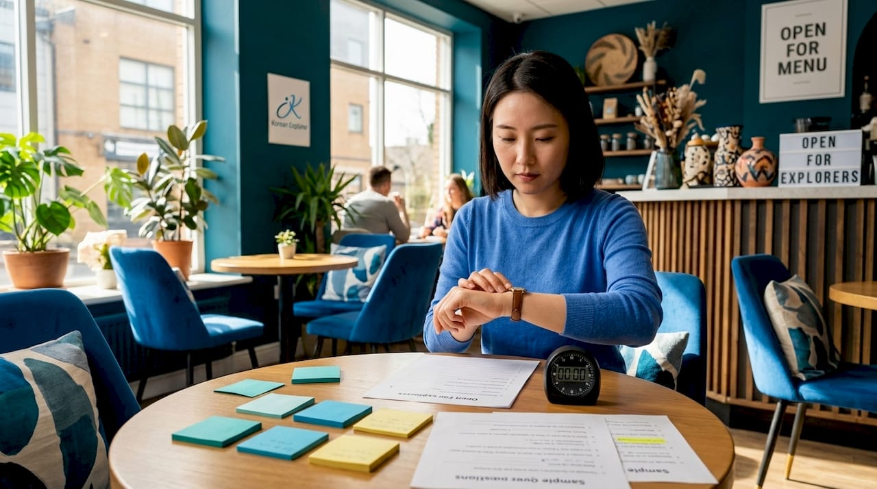 Woman timing Korean language practice at home