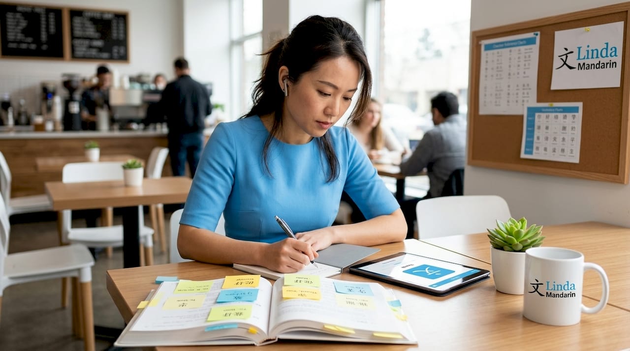 Woman learning Mandarin vocabulary at table