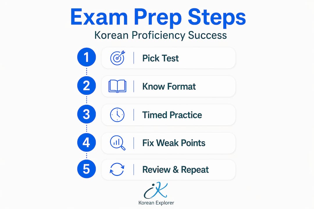 Infographic with vertical steps for Korean exam study