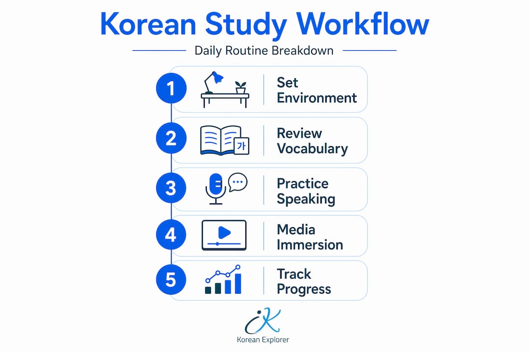 Infographic showing Korean study daily workflow steps
