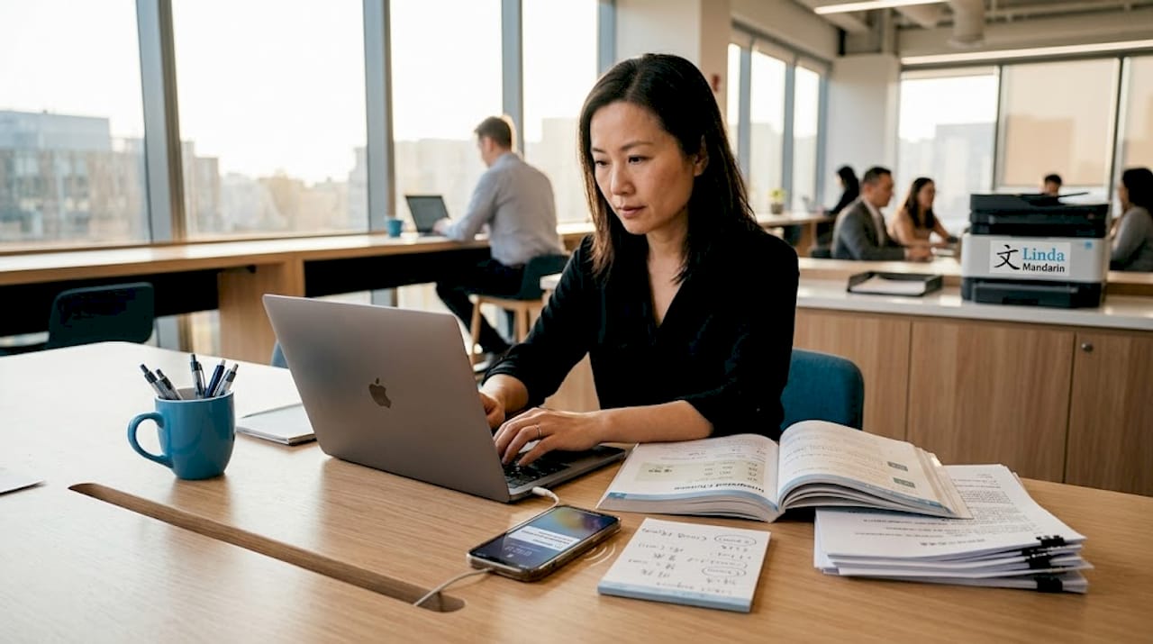 Adult woman practicing Mandarin for business email